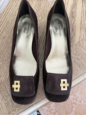 Anne Klein Dark Brown Suede Loafers with Gold Hardware